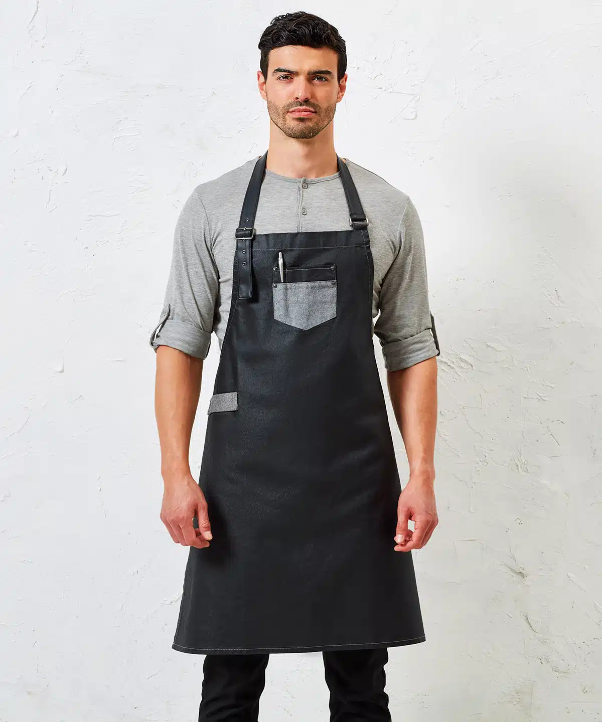 Division waxed-look denim bib apron with faux leather